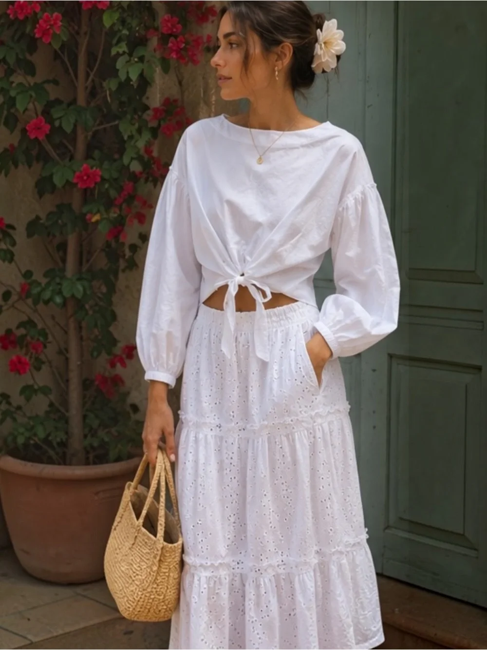 Free People 100% Cotton White Tie Front Balloon Sleeve Cropped Blouse Top